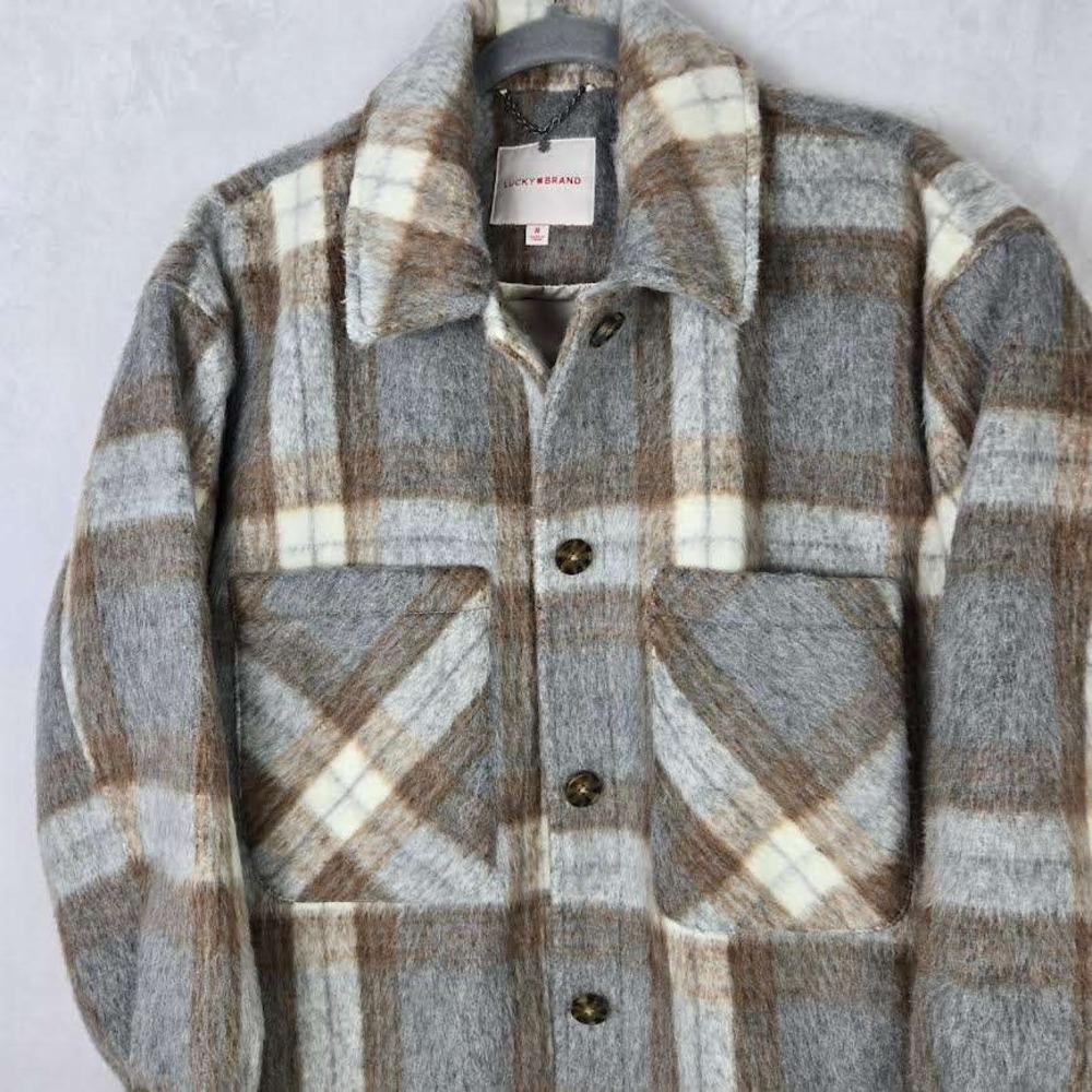 Lucky Brand‎ Plaid Shirt Jacket Shacket Grey Brown Ivory Lined Womens Medium NEW
